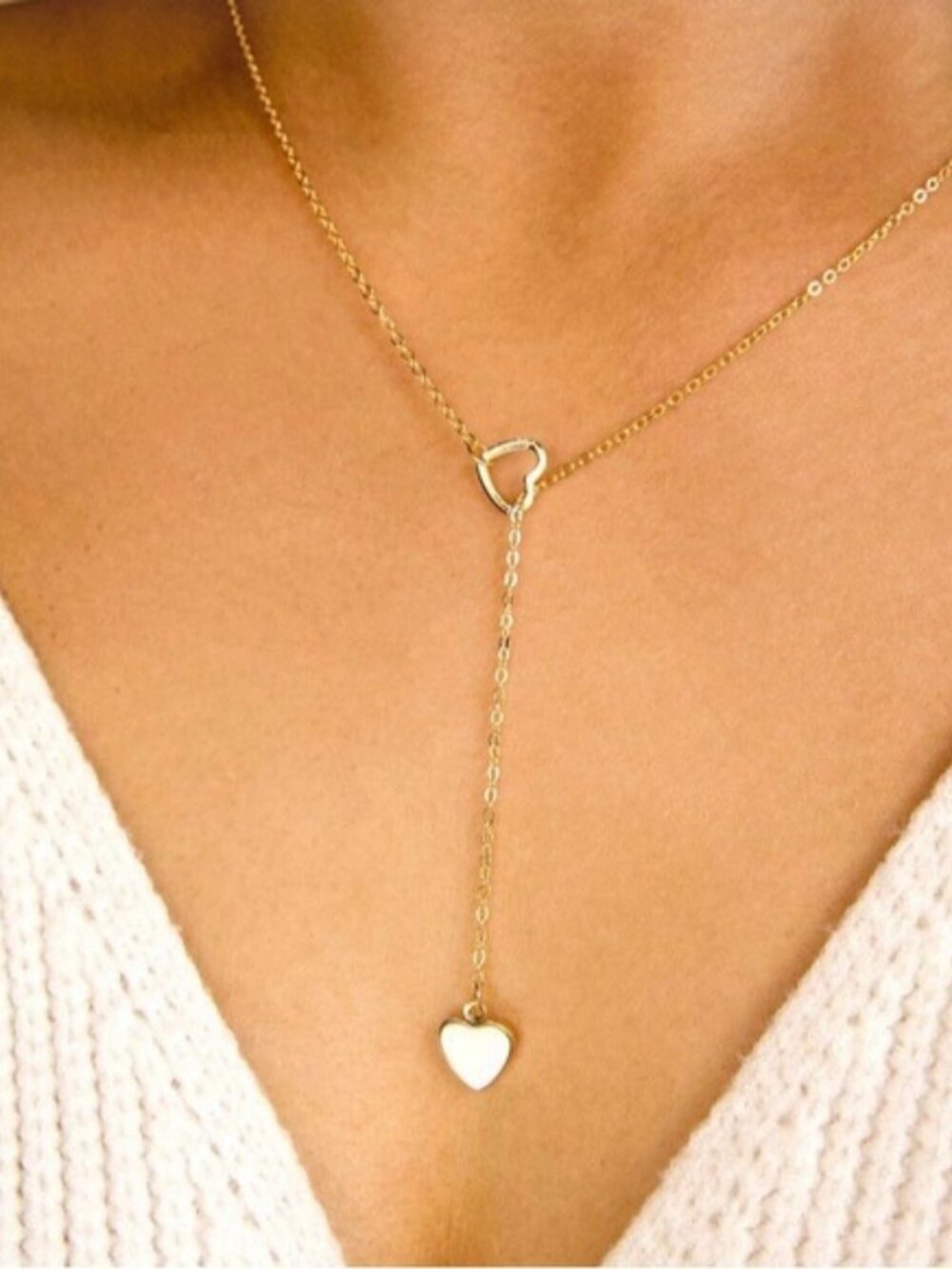 Gold-Tone Double Heart Lariat Y-Shaped Adjustable Necklace